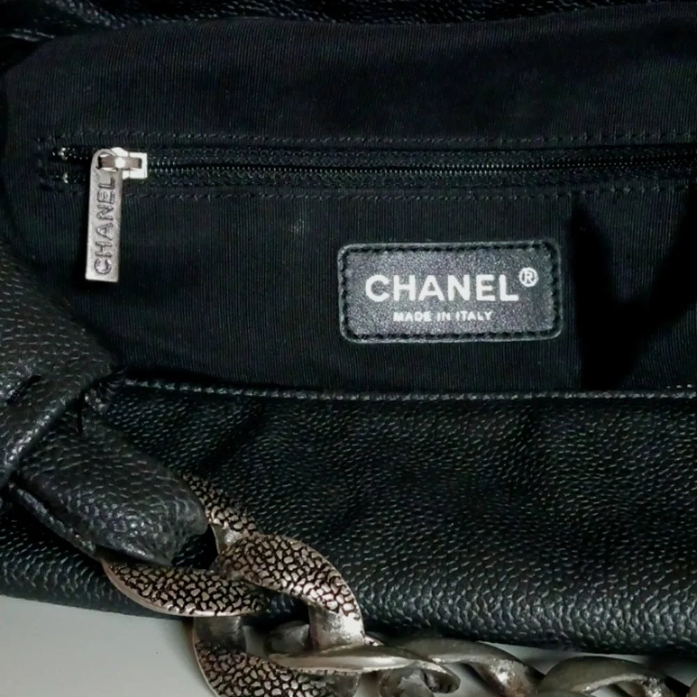 Chanel Black Caviar Leather Hobo W Chain Strap Bag.